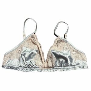 90s European Vintage Satin/Floral Lace Triangle Bralette Pastel Blue/Cream L/XL